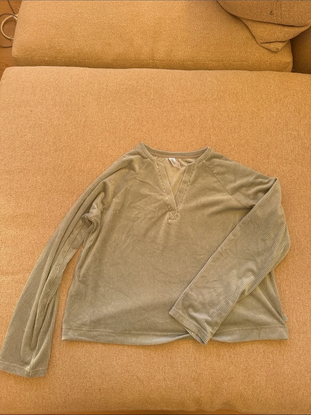 Women’s Plush Long-Sleeve Ribbed PJ Top - Sage Green and White Pin Stripes